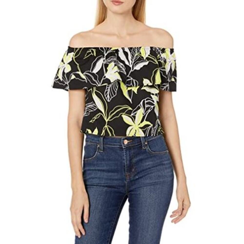NEW Splendid Black Neon Yellow Tropical Floral Off the Shoulder Top‎ Size XS